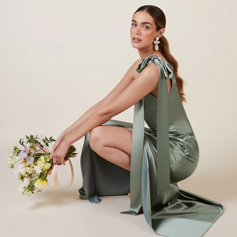 REWRITTEN- PORTO DRESS IN SAGE GREEN SATIN |M|